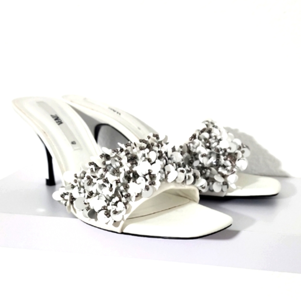 Zara Women's White & Silver Sequin Embellished Sandals. Size US 8.5 EU 40.